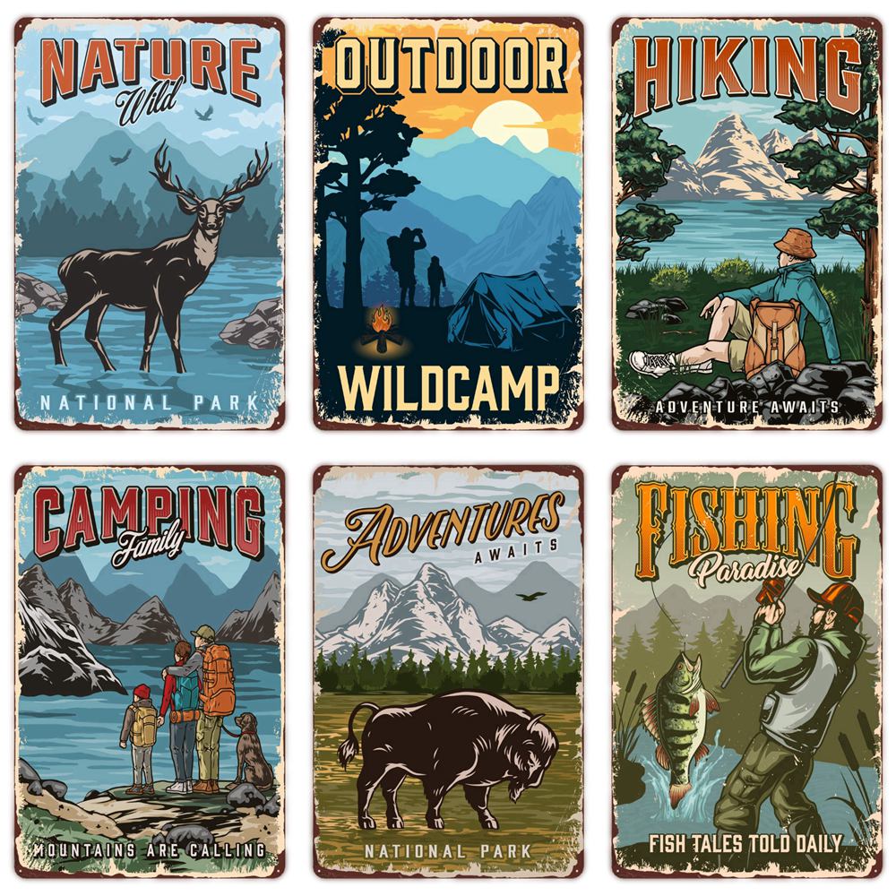 Outdoor Adventure Club - Camping-Familien-Blechschild, Vintage Metall-Blechschilder zum Angeln, Club-Outdoor-Wanddekoration